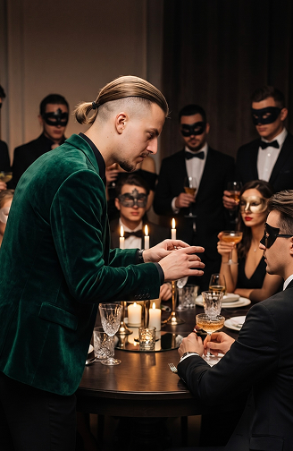 Roman performing at a candlelit dinner table for masked guests