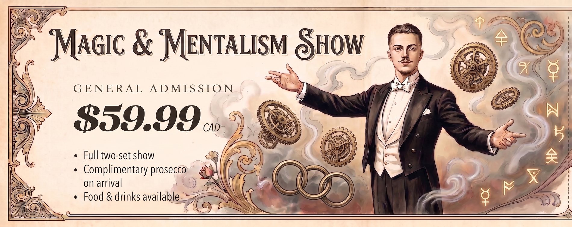 General admission ticket, $59.99 CAD: full two-set show, complimentary prosecco on arrival, food and drinks available
