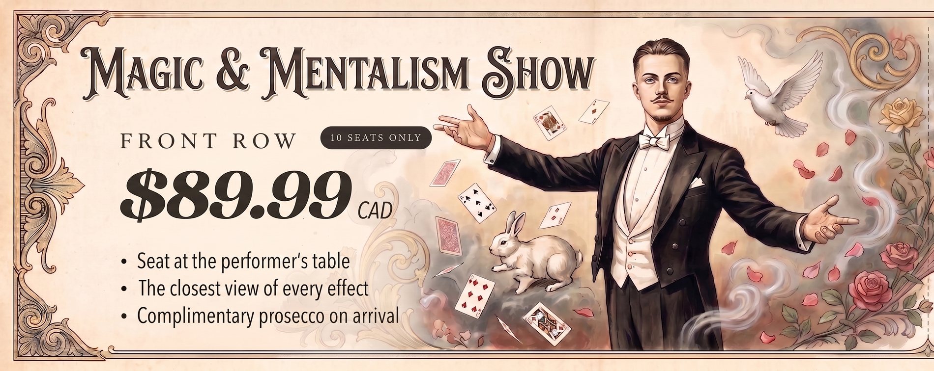 Front row ticket, $89.99 CAD: seat at the performer's table, the closest view of every effect, complimentary prosecco on arrival
