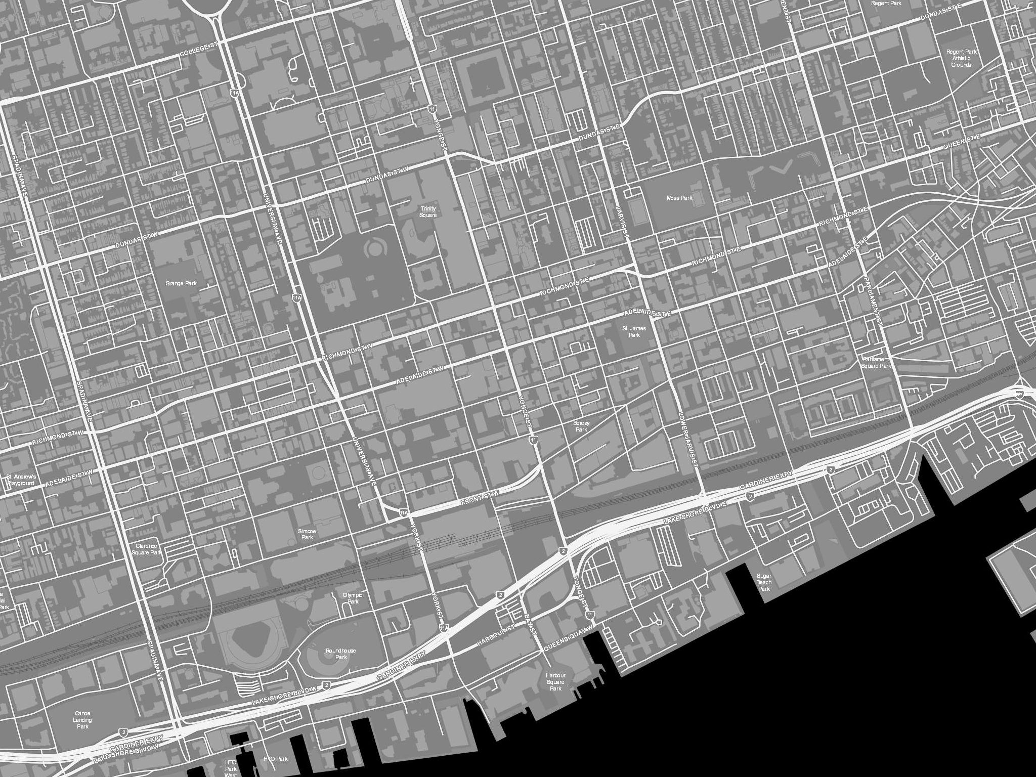 Map of downtown Toronto showing Convivium Dining Community at 83 Yonge Street, near King subway station