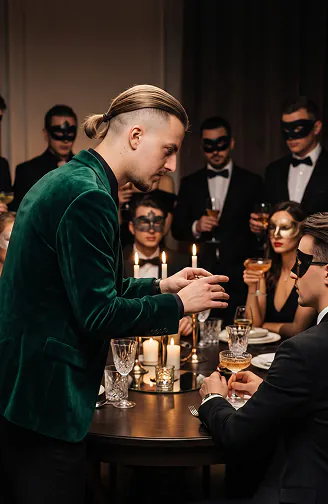 Roman Royss in a green velvet jacket performs close-up magic over a candlelit table for guests in masks and bow ties